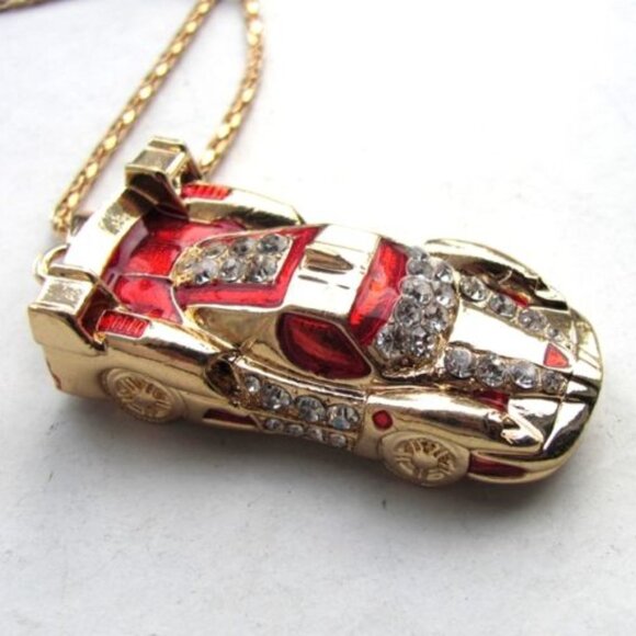 NWT Rhinestone Crystals Sports Car Racing Pendant Necklace Chain - Picture 5 of 6